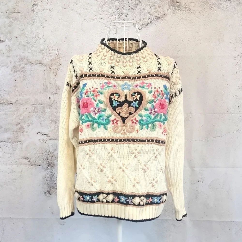 Beldoch Popper Vintage Floral Heart Heavy Knit Cream Sweater Womens Size M